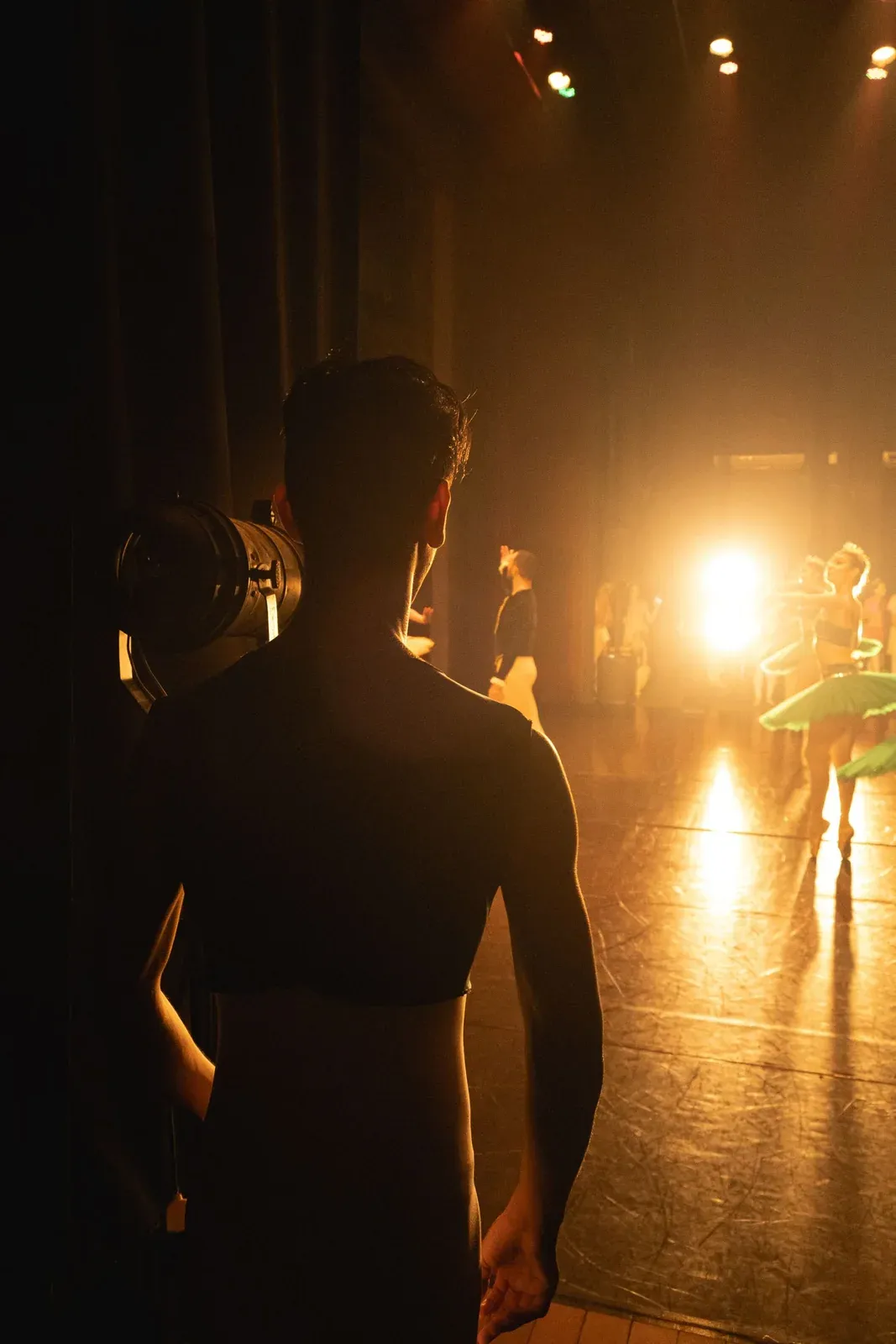O dansatoare în siluetă pe o scenă de teatru, sub lumină dramatică.